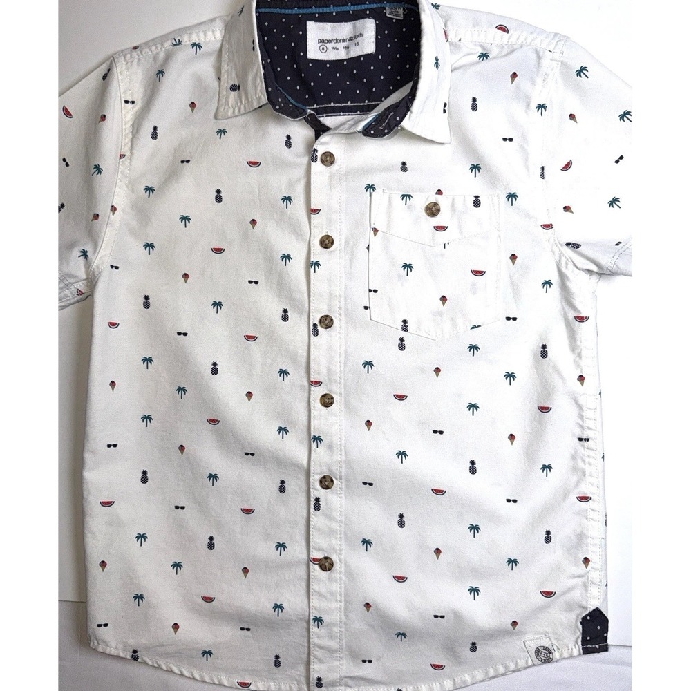 Paper Denim & Cloth Boys Button Up Shirt Size 8 White Print Short Sleeve‎ Casual